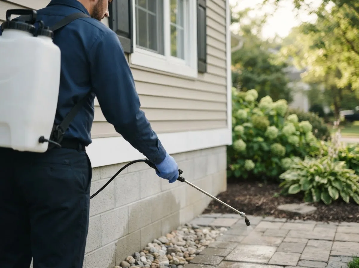 Pest control technician inspecting a home in Oriskany Falls, NY